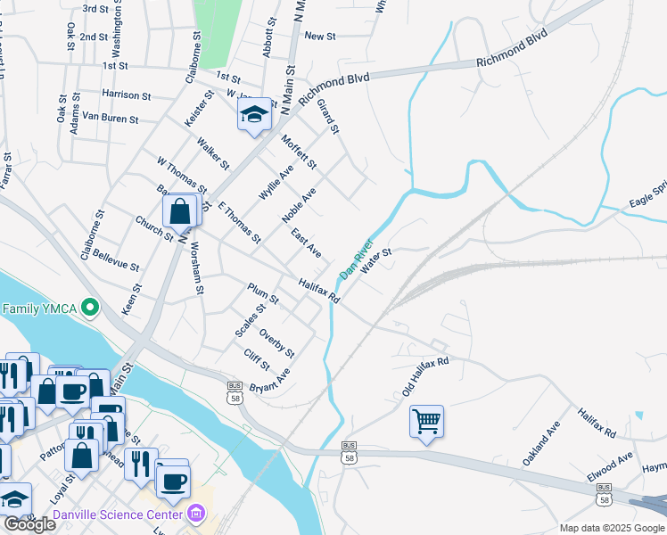 map of restaurants, bars, coffee shops, grocery stores, and more near 830 Corcoran Street in Danville