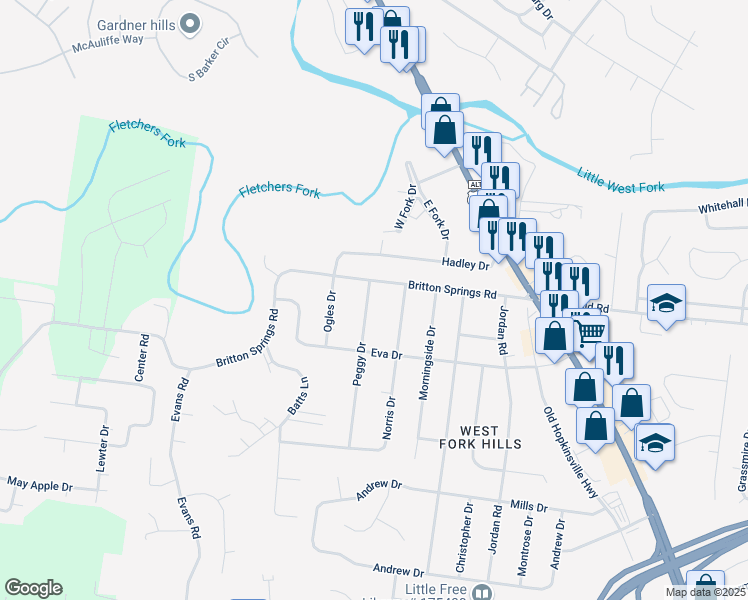 map of restaurants, bars, coffee shops, grocery stores, and more near 104 Peggy Drive in Clarksville