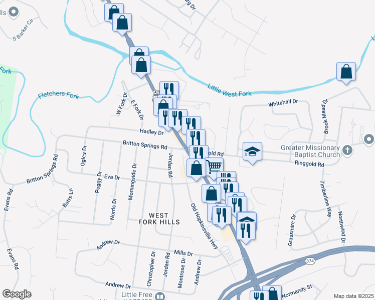 map of restaurants, bars, coffee shops, grocery stores, and more near Fort Campbell Blvd & Ringgold Rd in Clarksville