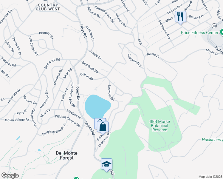 map of restaurants, bars, coffee shops, grocery stores, and more near 1155 Lookout Road in Del Monte Forest
