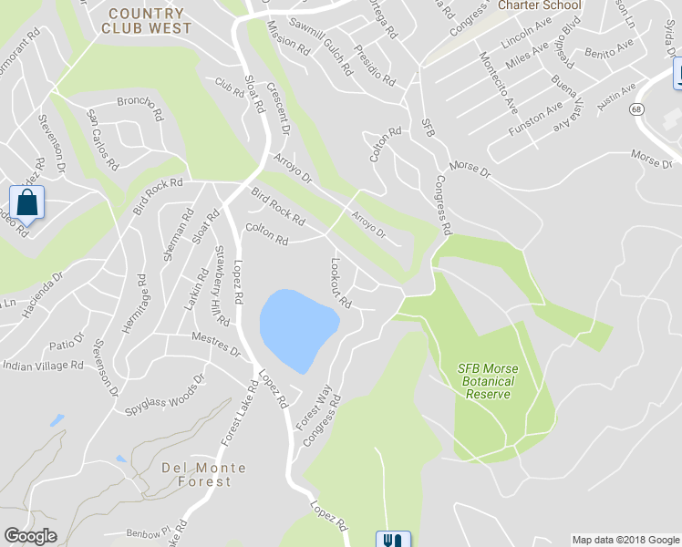 map of restaurants, bars, coffee shops, grocery stores, and more near 1155 Lookout Rd in Del Monte Forest