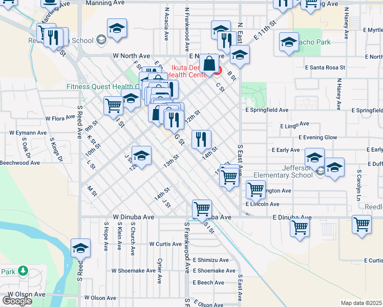 map of restaurants, bars, coffee shops, grocery stores, and more near 1320 G Street in Reedley