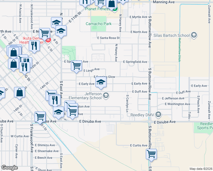 map of restaurants, bars, coffee shops, grocery stores, and more near 1109 East Early Avenue in Reedley
