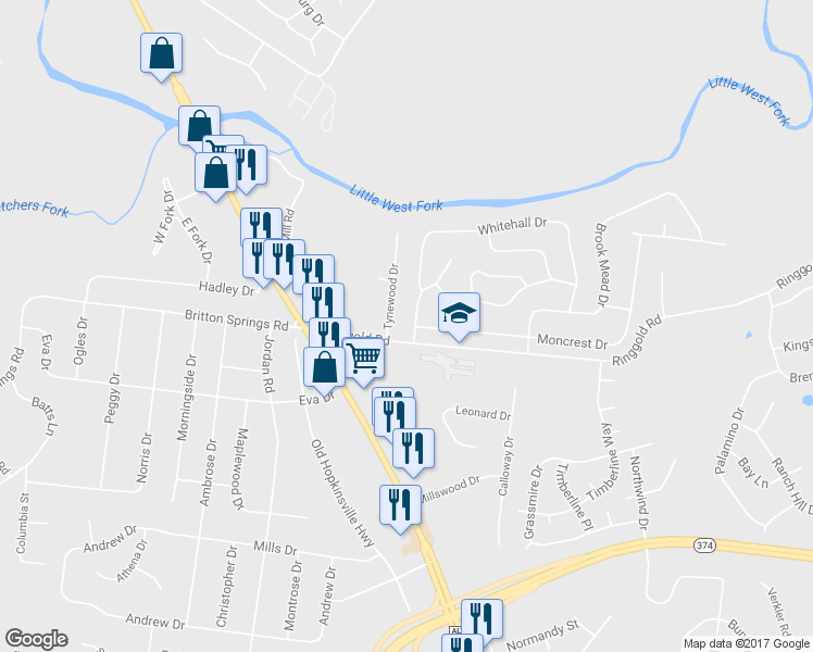map of restaurants, bars, coffee shops, grocery stores, and more near 2002 Windroe Drive in Clarksville