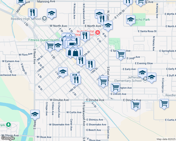 map of restaurants, bars, coffee shops, grocery stores, and more near 1336 G Street in Reedley