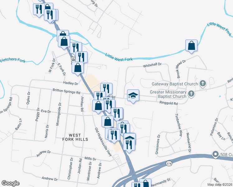 map of restaurants, bars, coffee shops, grocery stores, and more near 2002 Tynewood Drive in Clarksville
