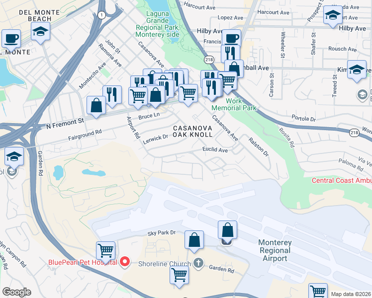 map of restaurants, bars, coffee shops, grocery stores, and more near 749 Airport Road in Monterey