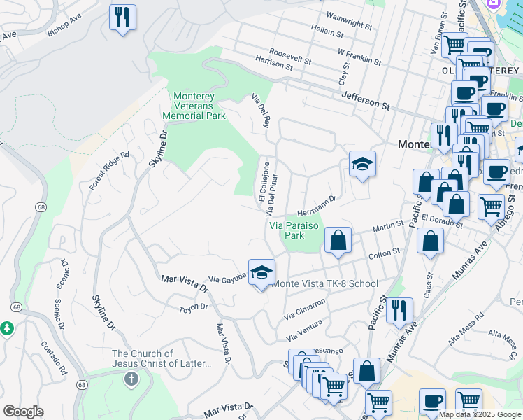 map of restaurants, bars, coffee shops, grocery stores, and more near 505 Herrmann Drive in Monterey