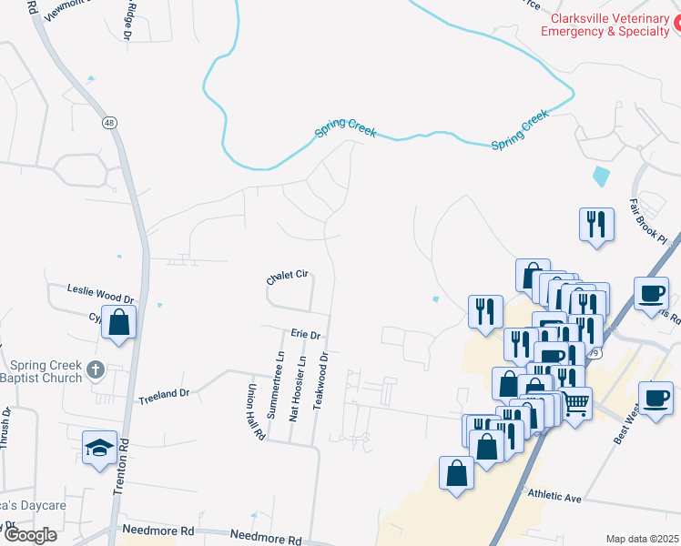 map of restaurants, bars, coffee shops, grocery stores, and more near 2869 Teakwood Drive in Clarksville