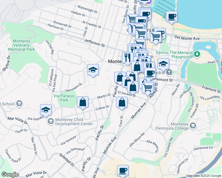 map of restaurants, bars, coffee shops, grocery stores, and more near 61 Logan Lane in Monterey