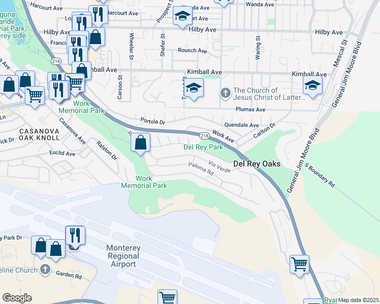 map of restaurants, bars, coffee shops, grocery stores, and more near 996 Vía Verde in Del Rey Oaks