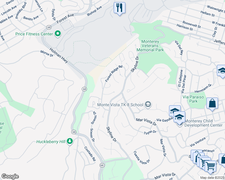 map of restaurants, bars, coffee shops, grocery stores, and more near 5 Stratford Place in Monterey