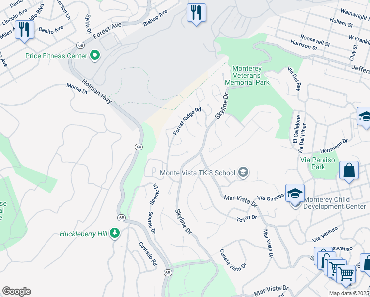 map of restaurants, bars, coffee shops, grocery stores, and more near 5 Stratford Place in Monterey