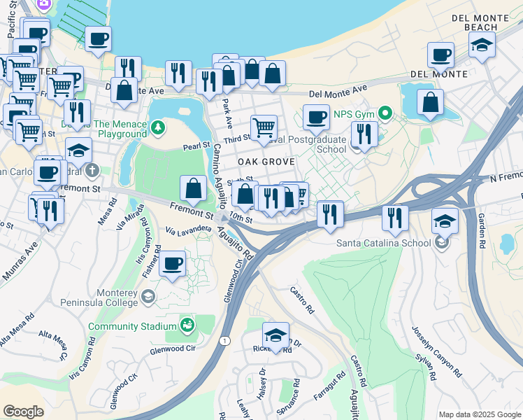 map of restaurants, bars, coffee shops, grocery stores, and more near in Monterey