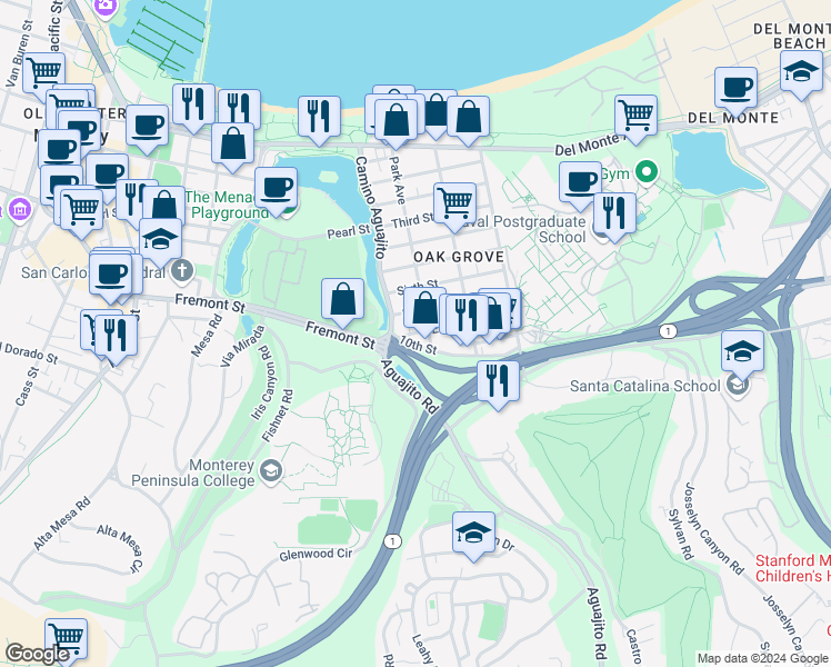 map of restaurants, bars, coffee shops, grocery stores, and more near 820 Park Avenue in Monterey