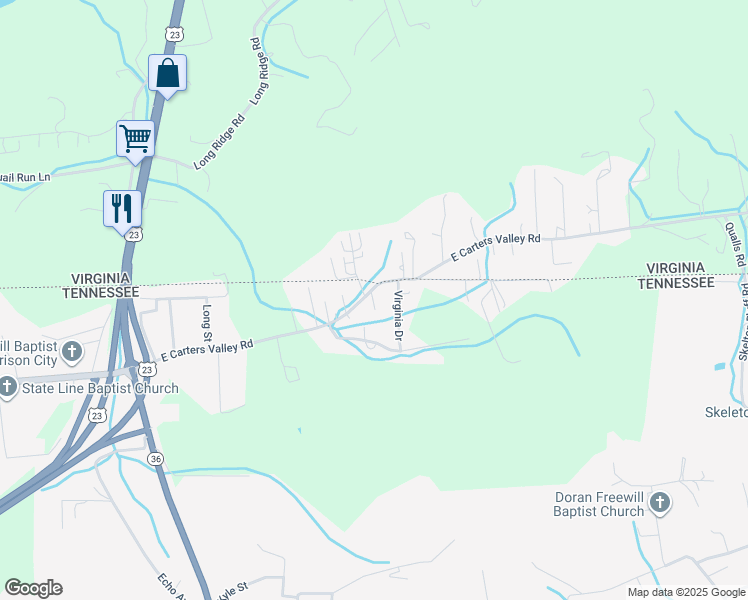 map of restaurants, bars, coffee shops, grocery stores, and more near 340 East Carters Valley Road in Kingsport