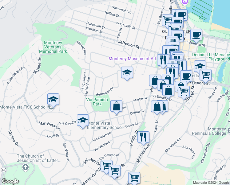 map of restaurants, bars, coffee shops, grocery stores, and more near 207 Herrmann Drive in Monterey