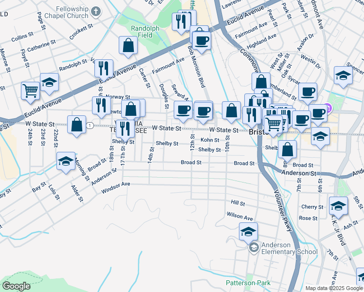 map of restaurants, bars, coffee shops, grocery stores, and more near 1222 Shelby Street in Bristol