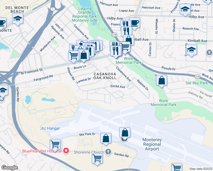 map of restaurants, bars, coffee shops, grocery stores, and more near 301 Euclid Avenue in Monterey