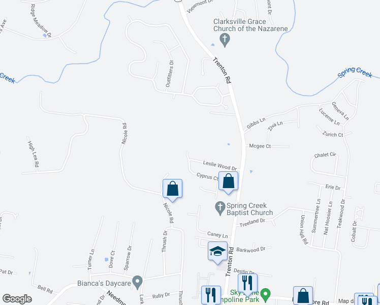 map of restaurants, bars, coffee shops, grocery stores, and more near 449 Cyprus Court in Clarksville