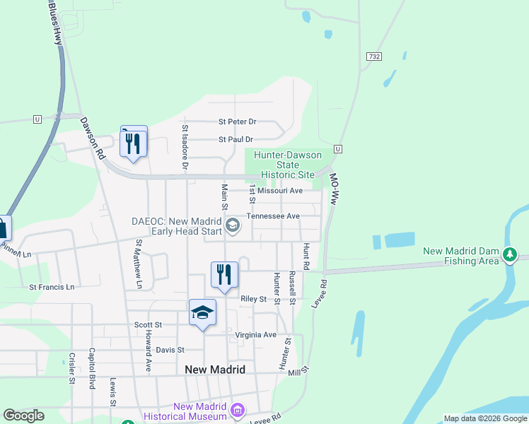map of restaurants, bars, coffee shops, grocery stores, and more near 313 Tennessee Avenue in New Madrid