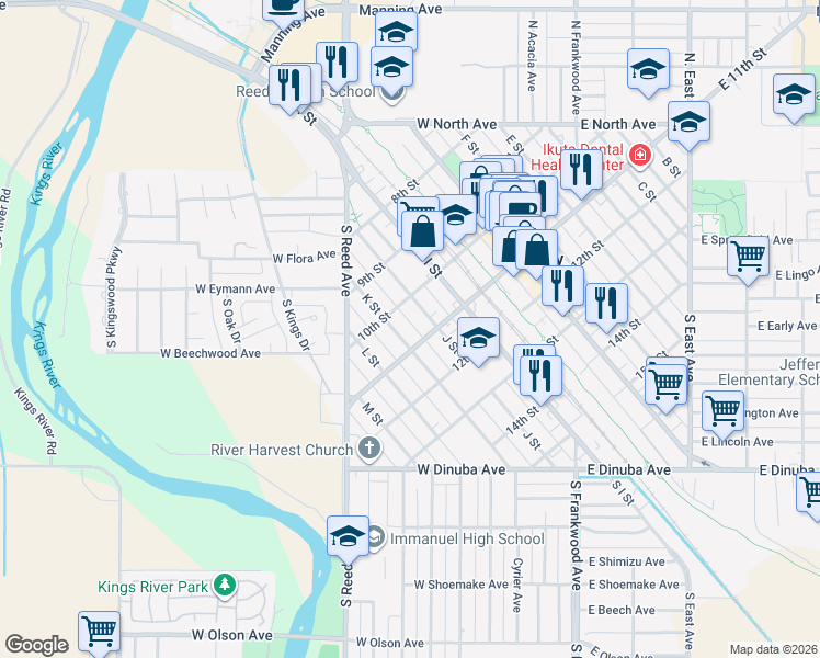 map of restaurants, bars, coffee shops, grocery stores, and more near 1034 K Street in Reedley