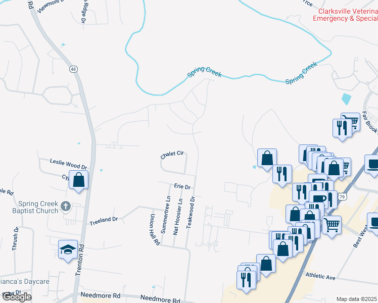 map of restaurants, bars, coffee shops, grocery stores, and more near 360 Chalet Circle in Clarksville