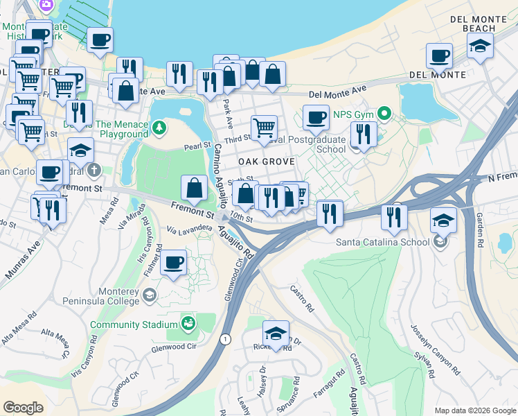 map of restaurants, bars, coffee shops, grocery stores, and more near in Monterey