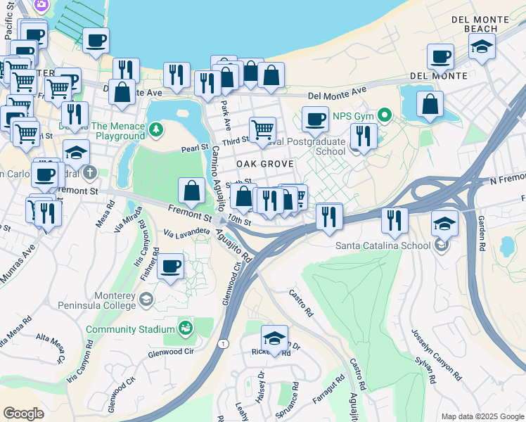 map of restaurants, bars, coffee shops, grocery stores, and more near 1178 Eighth Street in Monterey