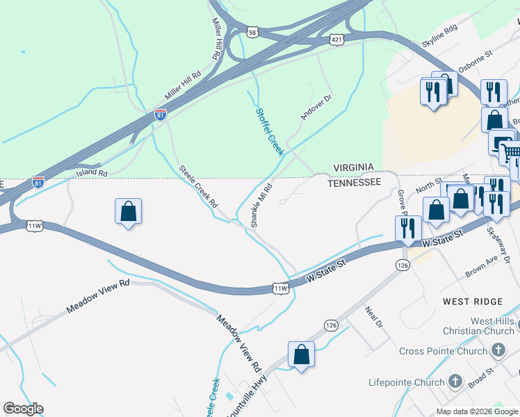 map of restaurants, bars, coffee shops, grocery stores, and more near 141 Shankel Mill Road in Bristol