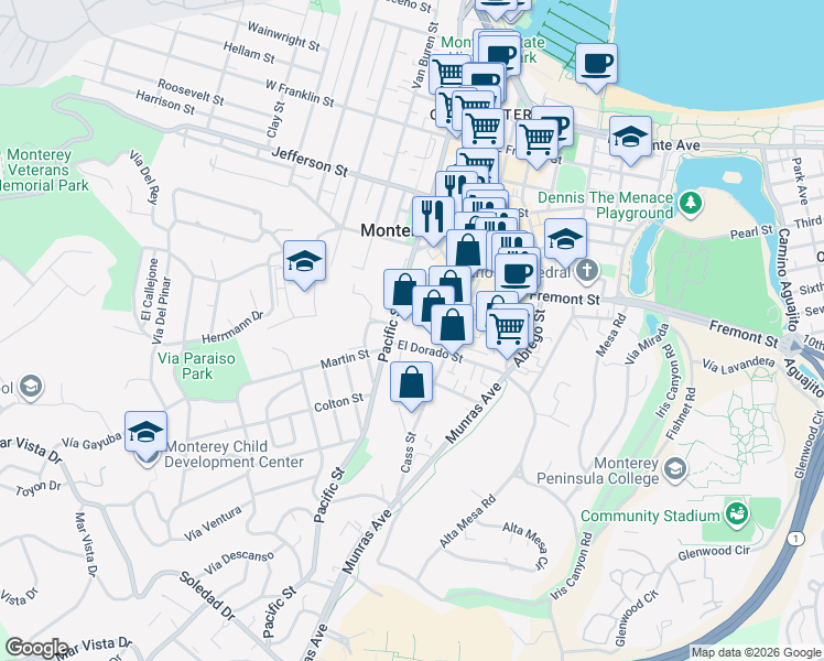 map of restaurants, bars, coffee shops, grocery stores, and more near 276 El Dorado Street in Monterey