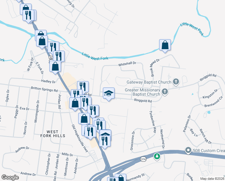 map of restaurants, bars, coffee shops, grocery stores, and more near 205 Moncrest Drive in Clarksville