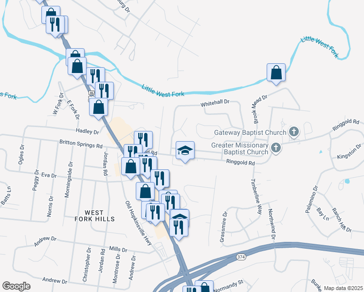 map of restaurants, bars, coffee shops, grocery stores, and more near 205 Moncrest Drive in Clarksville
