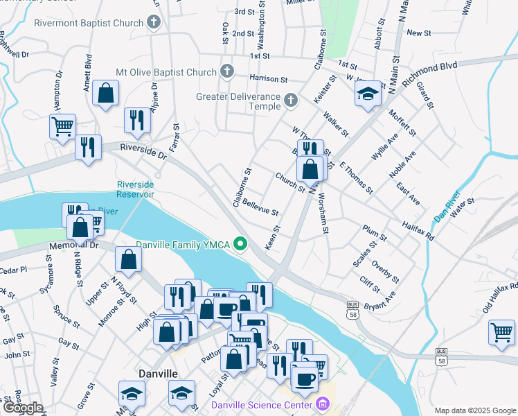 map of restaurants, bars, coffee shops, grocery stores, and more near Bellevue Street in Danville