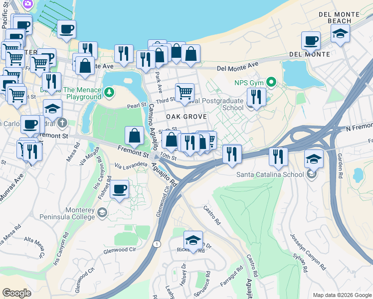 map of restaurants, bars, coffee shops, grocery stores, and more near in Monterey
