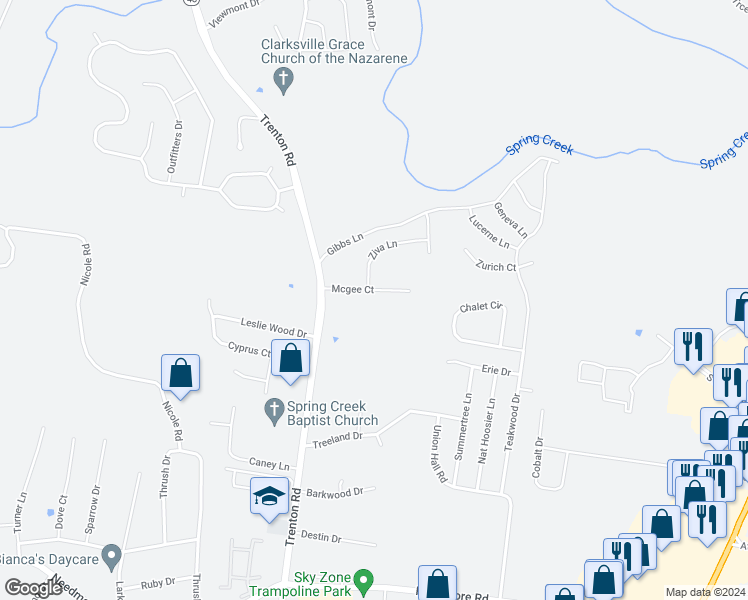 map of restaurants, bars, coffee shops, grocery stores, and more near 378 Mcgee Court in Clarksville