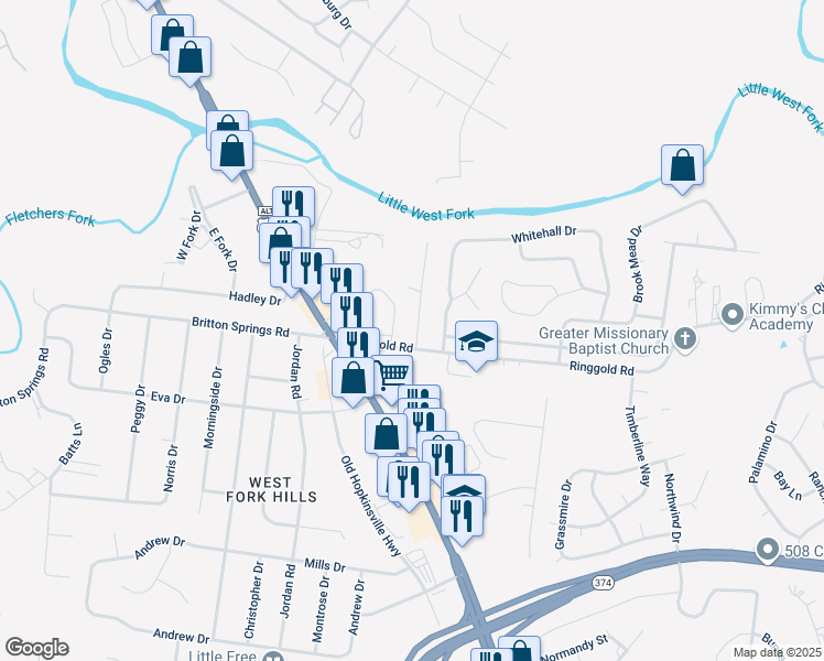 map of restaurants, bars, coffee shops, grocery stores, and more near 193 Ringgold Road in Clarksville
