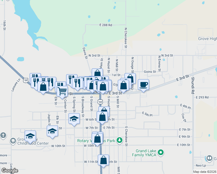 map of restaurants, bars, coffee shops, grocery stores, and more near in Grove