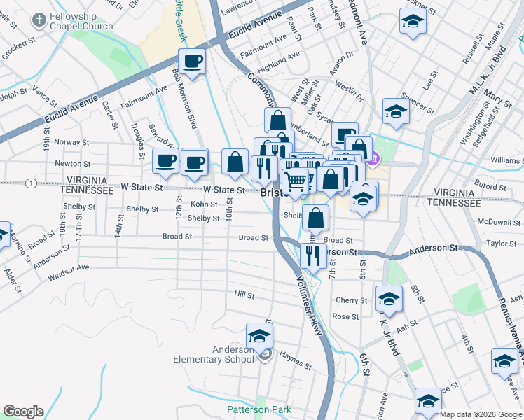map of restaurants, bars, coffee shops, grocery stores, and more near 917 Shelby Street in Bristol