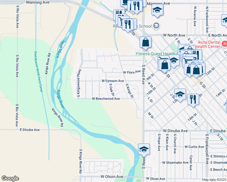 map of restaurants, bars, coffee shops, grocery stores, and more near 394 South Oak Drive in Reedley