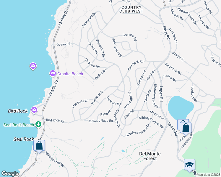 map of restaurants, bars, coffee shops, grocery stores, and more near 3093 Hacienda Drive in Del Monte Forest