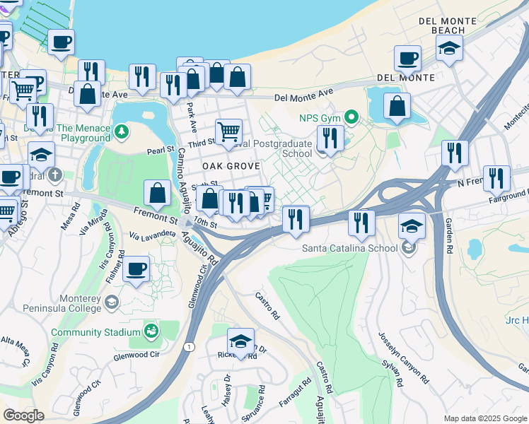 map of restaurants, bars, coffee shops, grocery stores, and more near 870 Sloat Avenue in Monterey