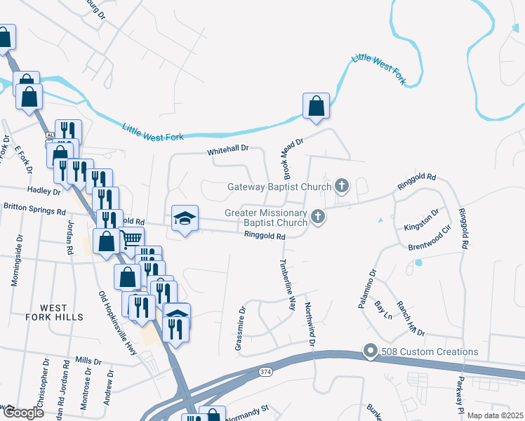 map of restaurants, bars, coffee shops, grocery stores, and more near 312 Brook Mead Drive in Clarksville