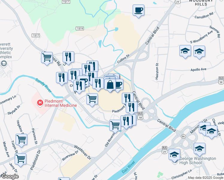 map of restaurants, bars, coffee shops, grocery stores, and more near 325 Piedmont Drive in Danville
