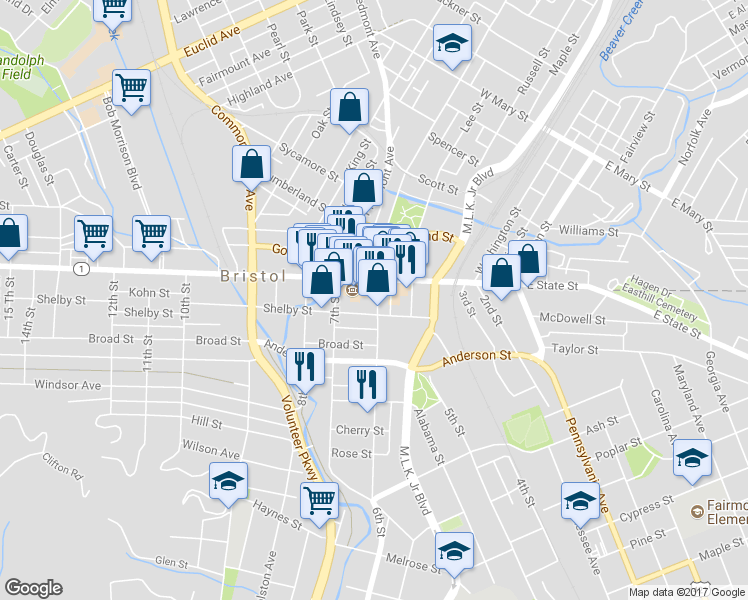 map of restaurants, bars, coffee shops, grocery stores, and more near 600 Shelby Street in Bristol