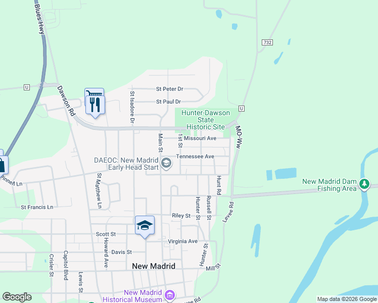map of restaurants, bars, coffee shops, grocery stores, and more near 313 Tennessee Avenue in New Madrid