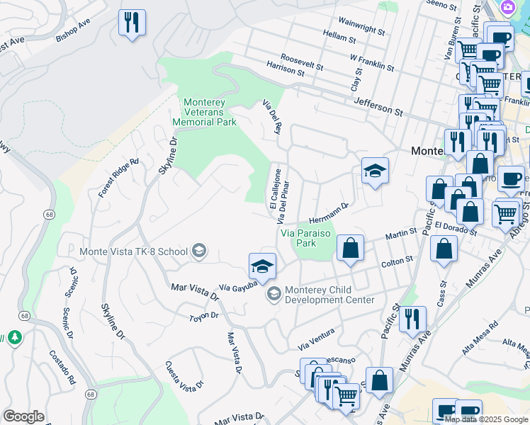 map of restaurants, bars, coffee shops, grocery stores, and more near 507 Herrmann Drive in Monterey