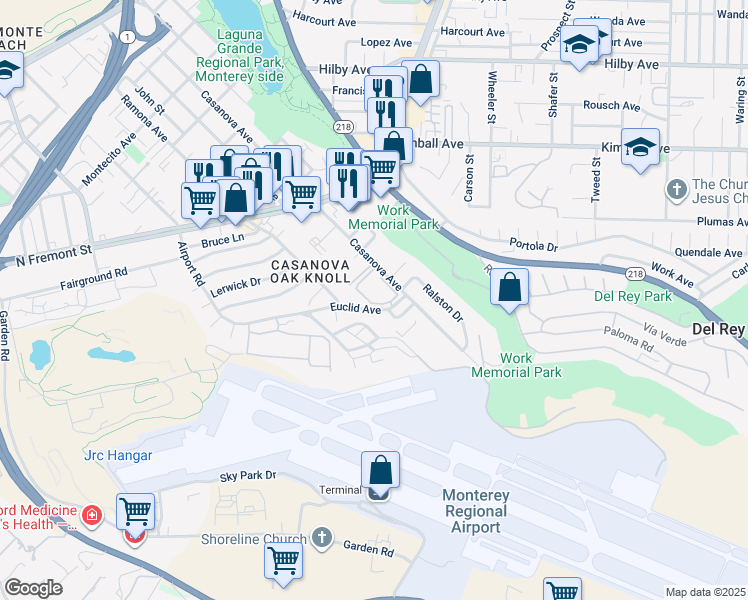 map of restaurants, bars, coffee shops, grocery stores, and more near 326 Euclid Avenue in Monterey
