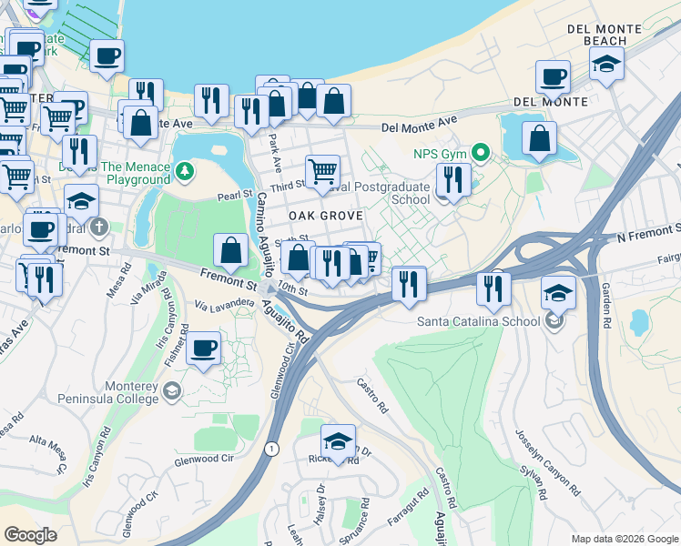 map of restaurants, bars, coffee shops, grocery stores, and more near in Monterey