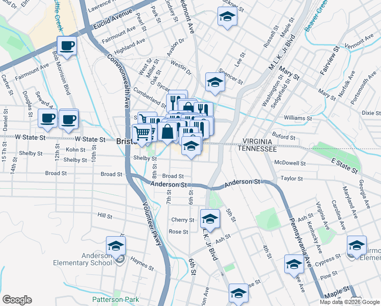 map of restaurants, bars, coffee shops, grocery stores, and more near 600 Shelby Street in Bristol